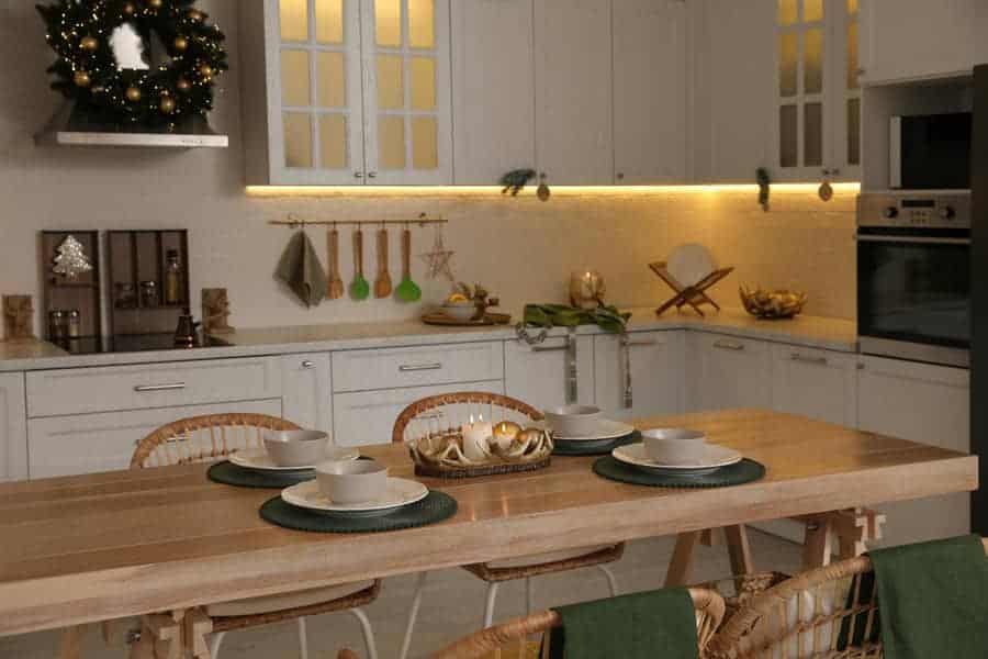 Quiet family kitchen in the evening with warm lighting and a calm, peaceful atmosphere
