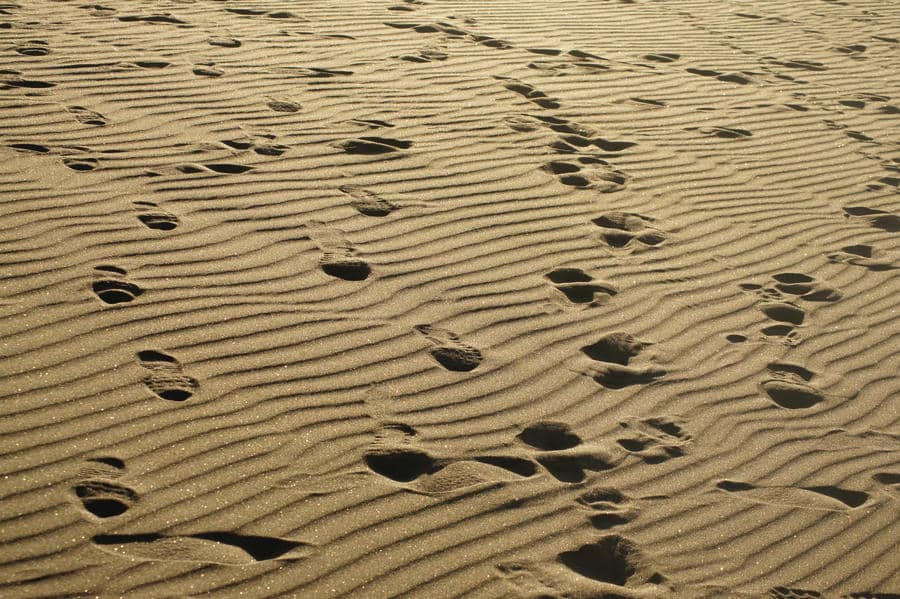 Repeated footprints in rippled sand, representing small consistent steps over time