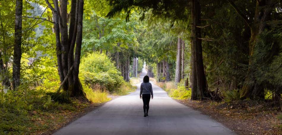 Person walking along a peaceful tree-lined path, taking one calm step forward.